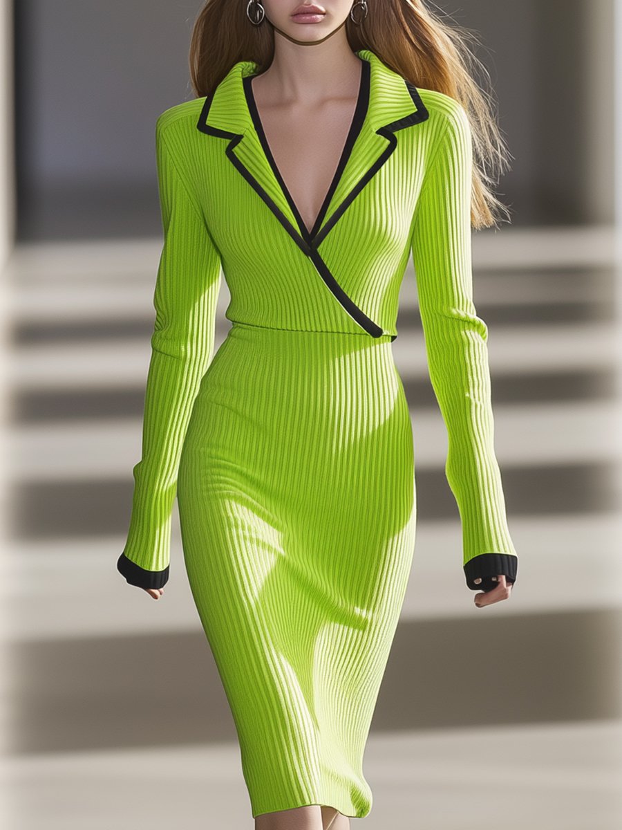 Elegant Black Trim V-neck Lime Green Ribbed Long Sleeve Midi Dress