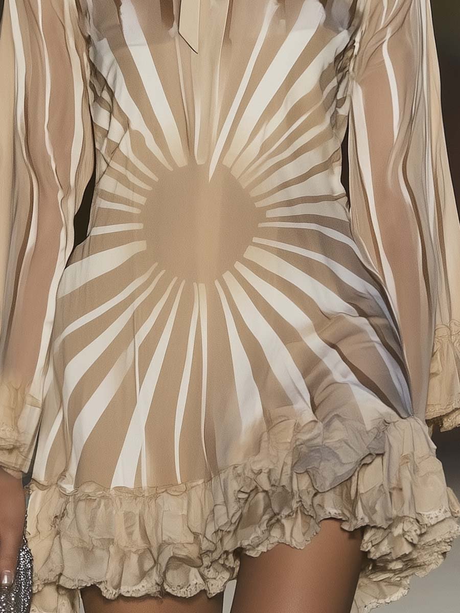 Personalized Fashion Collar Tie Sunrays Print Beige Mini Dress