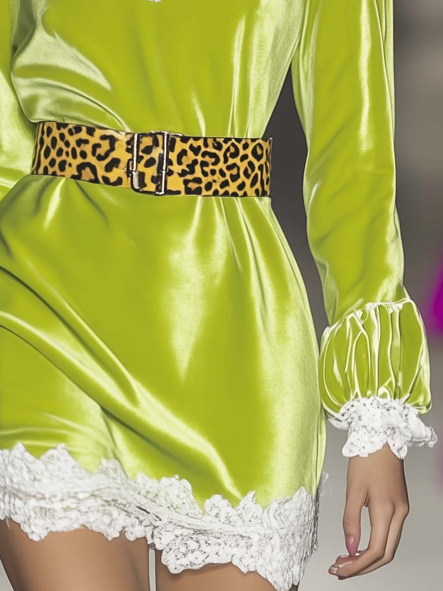 Fresh Stitching Lace Leopard Belt Lemon Green Velvet Mini Dress