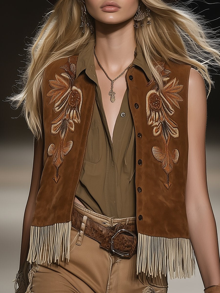 Retro And Fashionable Western Style Embroidered Tassel Suede Vest