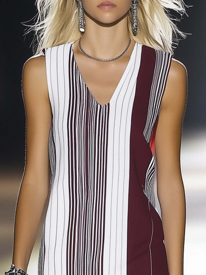 Fashion Casual V-neck Striped Print Straight Maxi Dress