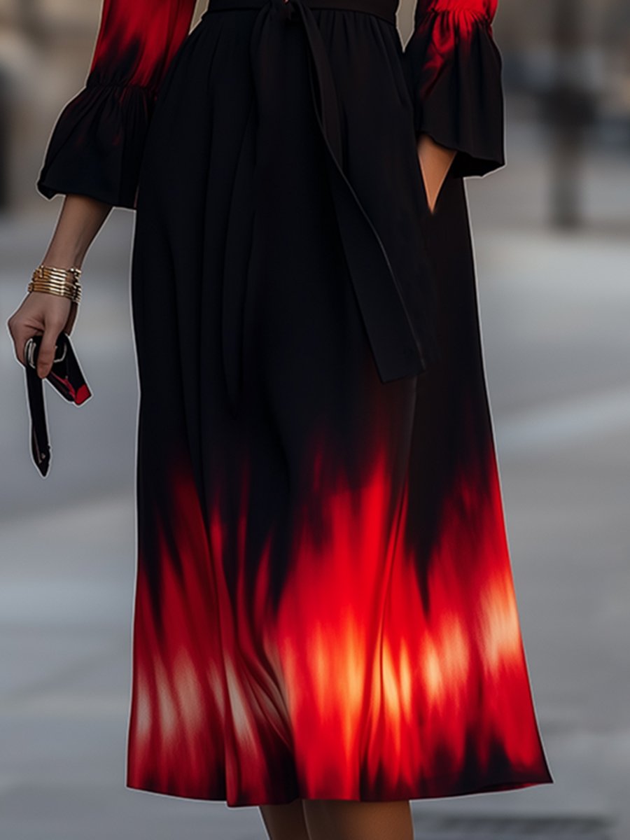 High-End Fashionable Black And Red Tie-Dyed Trumpet Sleeve Shirt Midi Dress