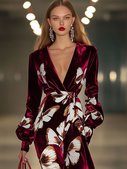 Fashion Retro Velvet Butterfly Print V-Neck Long Sleeve Slit Maxi Dress