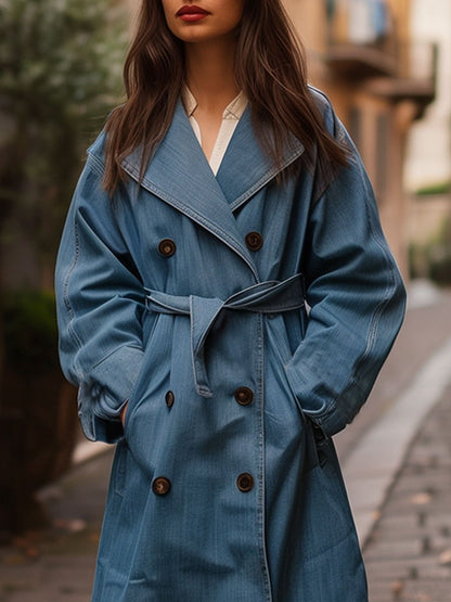 Casual Loose Retro Double-Breasted Belted Denim Trench Coat