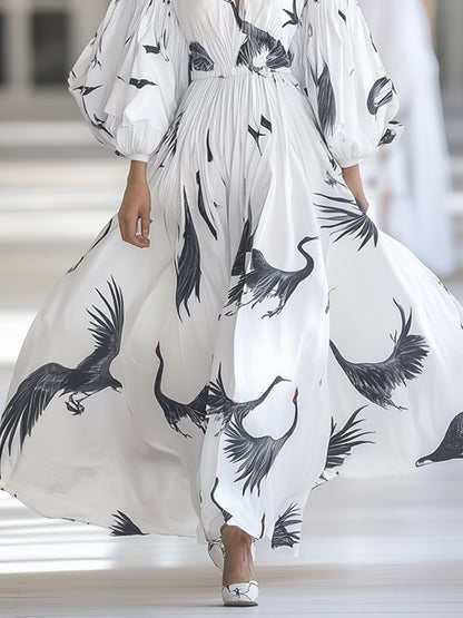 Casual and Fashionable Crane Print Lantern Sleeve White Maxi Dress