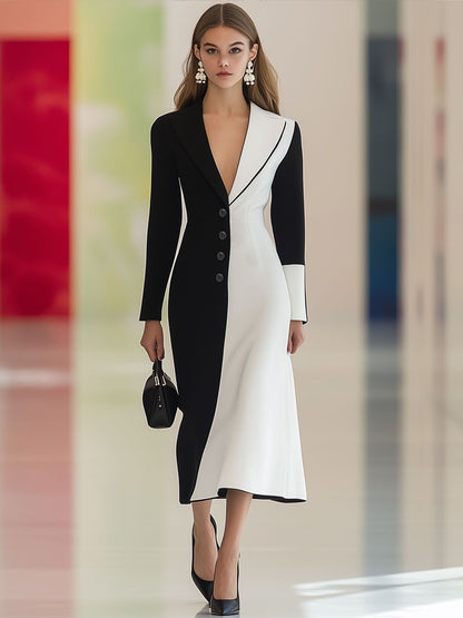 Casual Retro Black And White Colorblock Lapel Long Sleeve Midi Dress