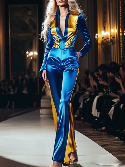 Retro High-End Fashionable Yellow And Blue Contrast Satin Jumpsuit