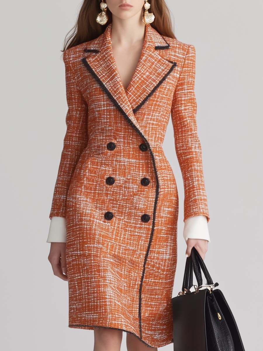 Elegant and Bright V-neck Contrasting Orange Tweed Midi Dress