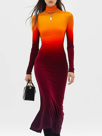 Elegant and Unique High Collar Slim Fit Orange and Burgundy Gradient Midi Dress