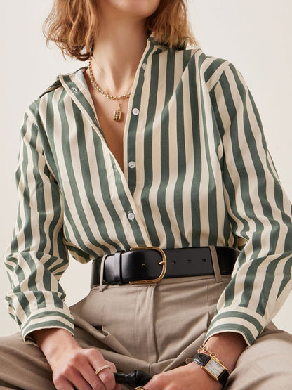 Casual Loose Cotton Blend Striped Long Sleeve Blouse