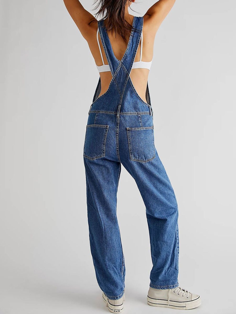 Casual Loose Denim Bib Pocket Sleeveless Jumpsuit