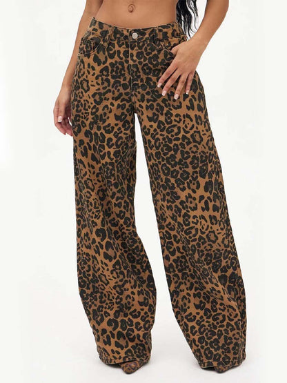 Vintage Fashion Leopard Loose Wide-Leg Jeans