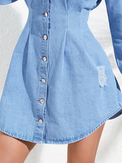 Casual And Stylish Waist Denim Shirt Mini Dress