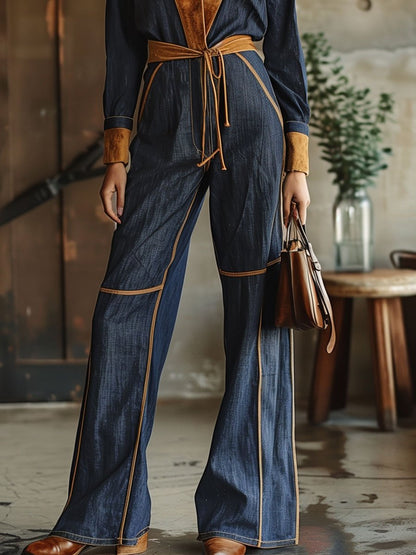 【24-hour shipping】Casual Loose Retro Denim Suede Stitching Long-Sleeved Jumpsuit