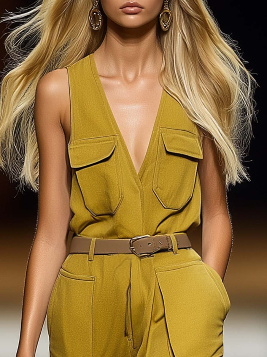 Elegant and Fashionable Vest Style Belted Yellow Overalls Jumpsuit