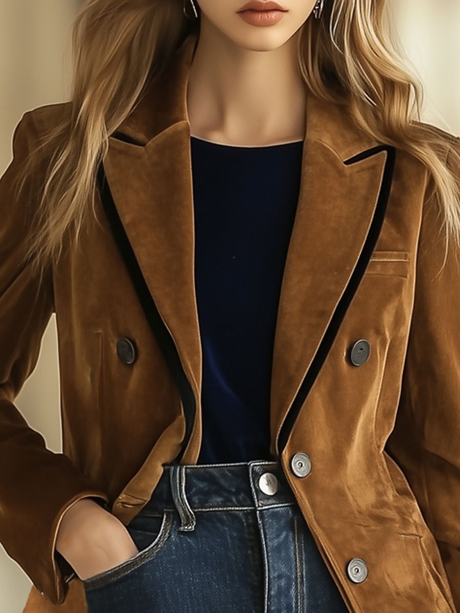 Casual Loose Retro Solid Color Suede Lapel Clip Pocket Blazer