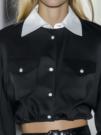 Fashion Short Black Satin Long Sleeve Shirt