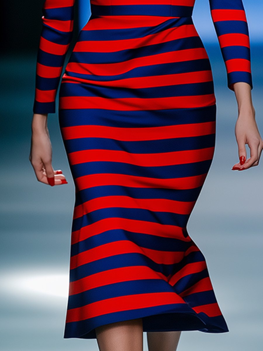 High-end Elegant Red and Blue Striped Square Neck Midi Dress