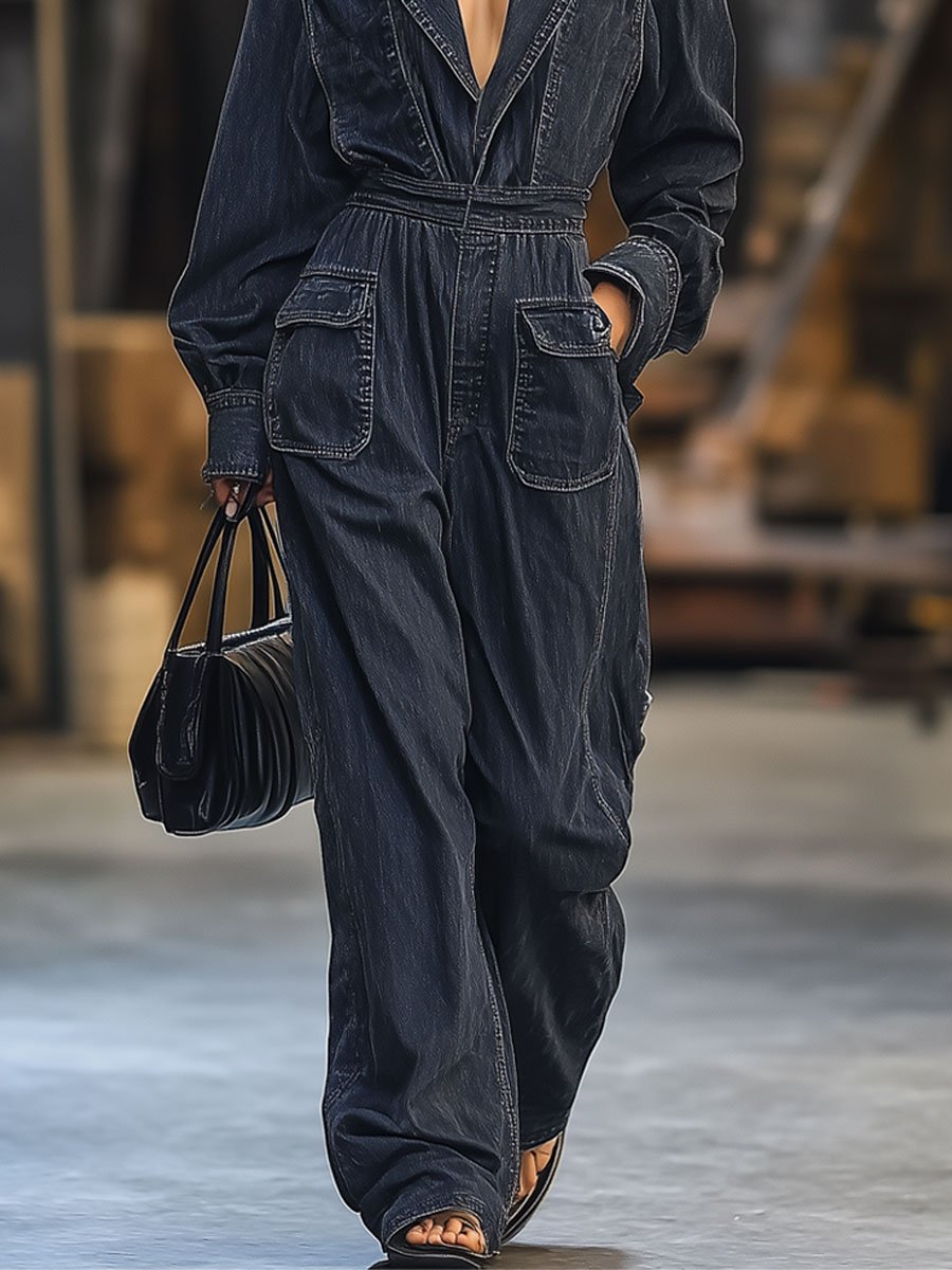 Casual Loose Retro Lapel Pocket Long Sleeve Denim Jumpsuit