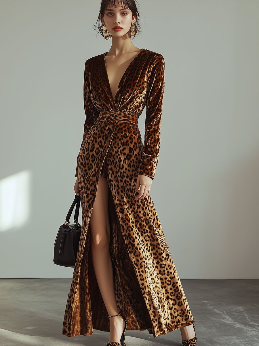 V-Neck Vintage Velvet Leopard Print Long Sleeve Slit Maxi Dress