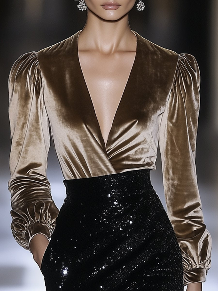 High-End Fashionable V-Neck Gold Velvet Puff Sleeve Shirt