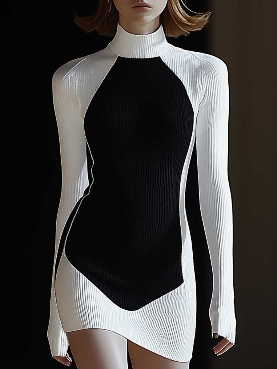 Elegant and Stylish Half-high Collar Black and White Contrast Mini Dress