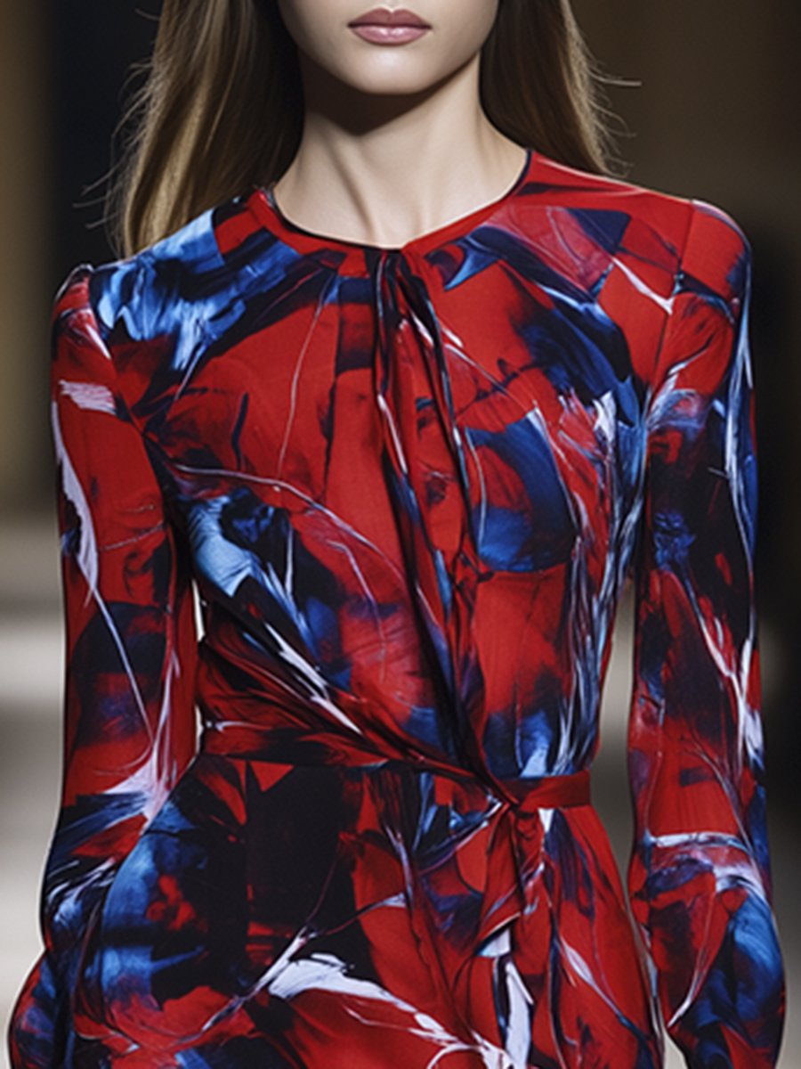 Elegant Blue and Red Abstract Printed Round-neck Tie Long-sleeved Chiffon Mini Dress