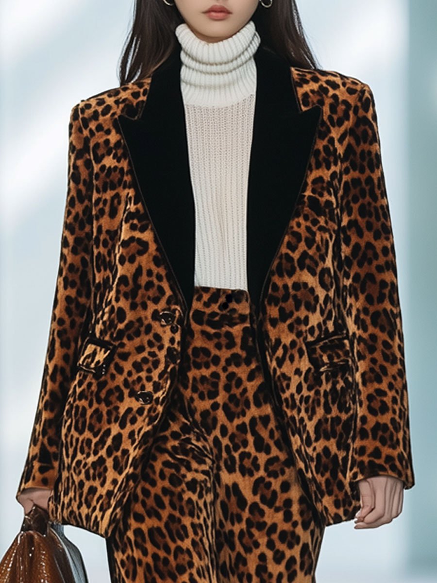 Casual Loose Retro Velvet Leopard Print Contrast Lapel Blazer