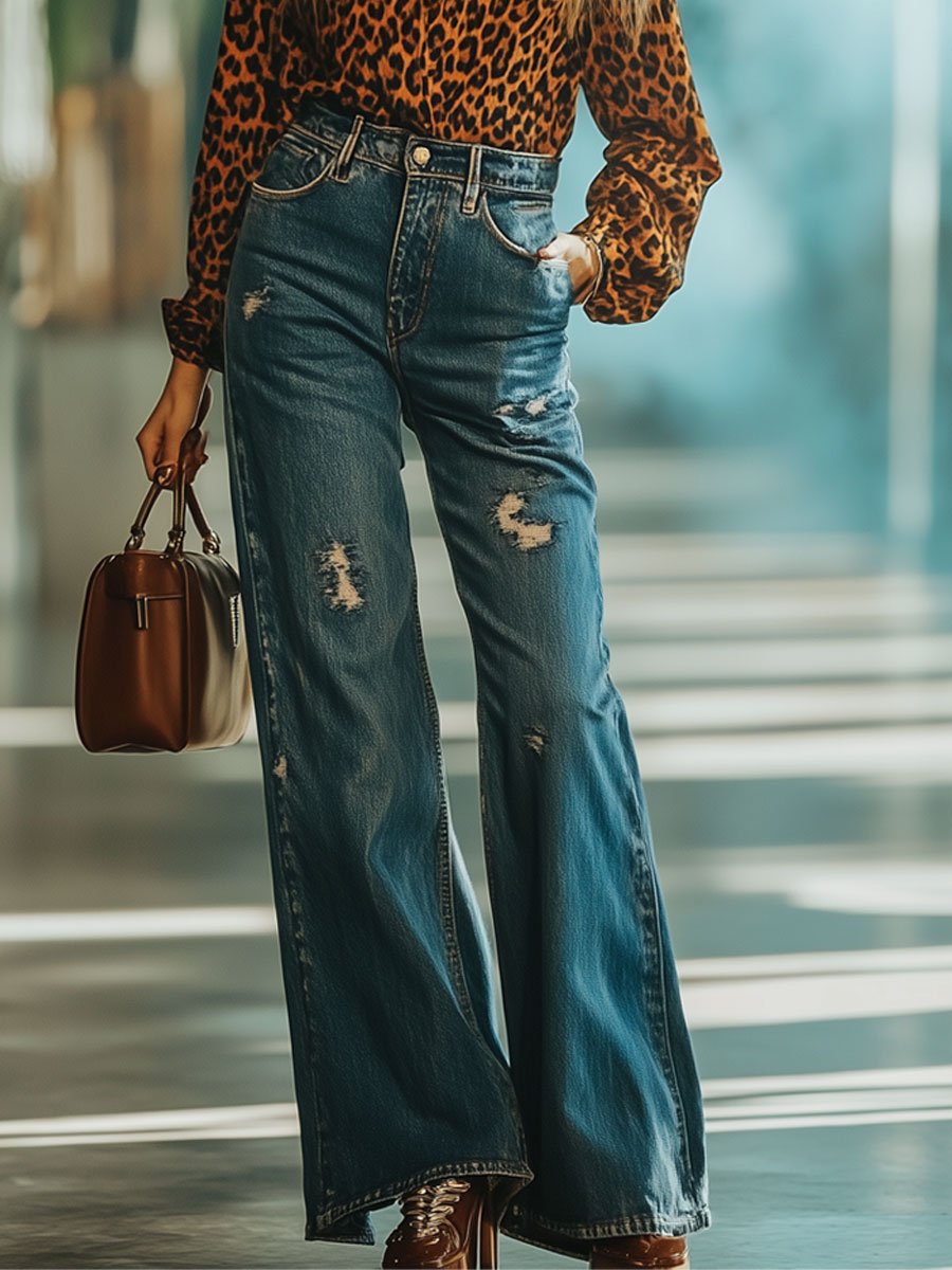 Casual Loose Retro Ripped High Waist Flared Jeans