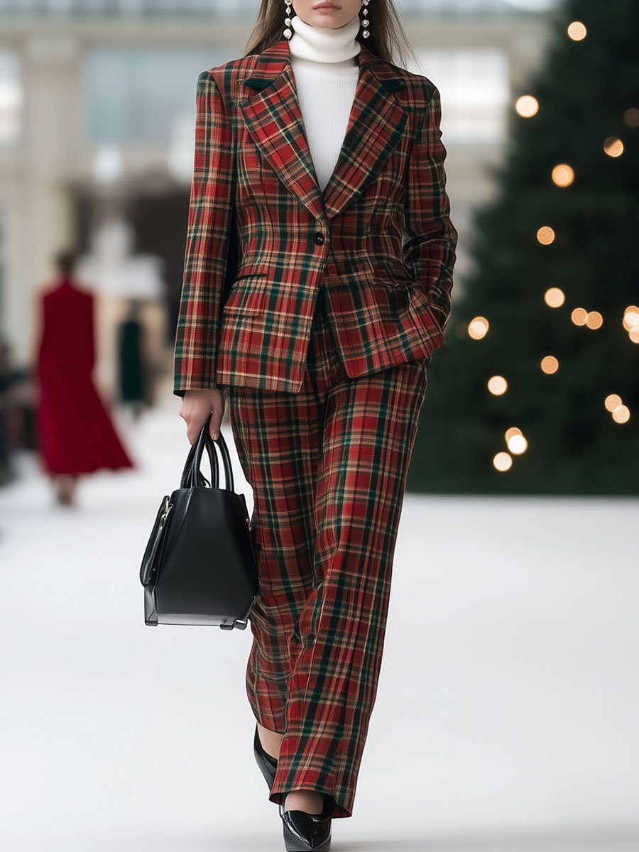 Casual Loose Red and Green Plaid Suit Jacket Wide Leg Pants Set