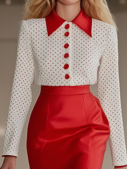 Retro Red Polka Dot Long Sleeve Shirt Skirt Set