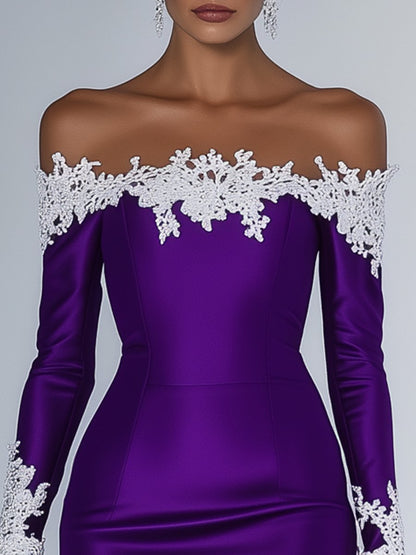 Charming and Sexy White Lace Purple Satin One-shoulder Long-sleeved Mini Dress