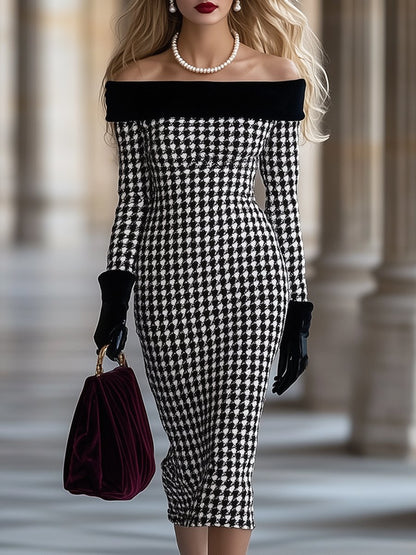 Retro And Elegant High-End One-Shoulder Stitching Houndstooth Dress