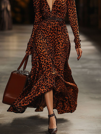 V-Neck Vintage Leopard Velvet Party Long-Sleeved Maxi Dress