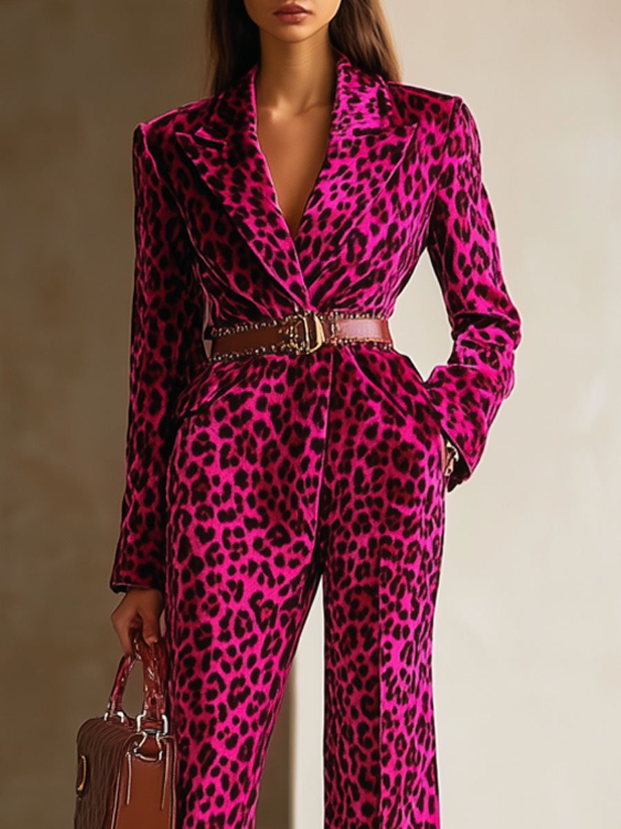 Casual Loose Retro Velvet Leopard Print Lapel Long Sleeve Jumpsuit