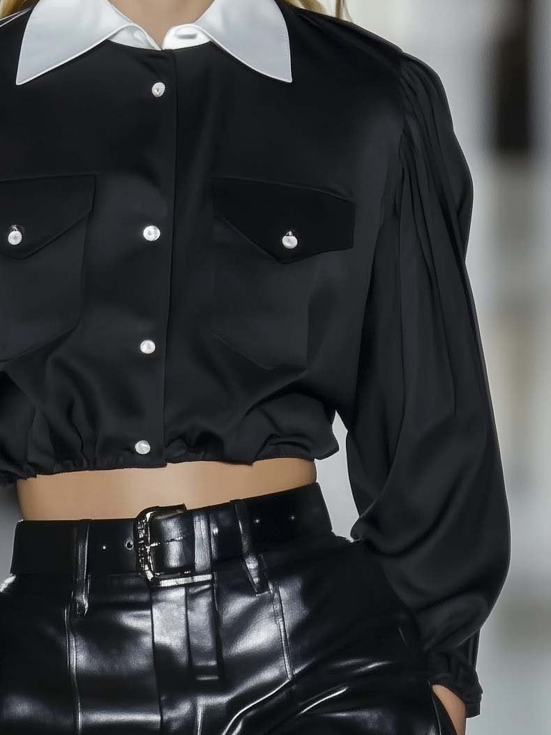 Fashion Short Black Satin Long Sleeve Shirt