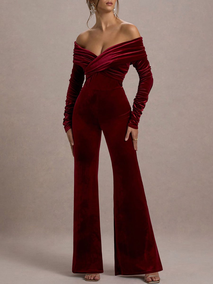 Fashion Retro Wine Red Velvet Cross-Shoulder Long-Sleeved Flared Jumpsuit