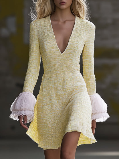 Elegant V-neck Tweed Yellow Long Sleeve Mini Dress