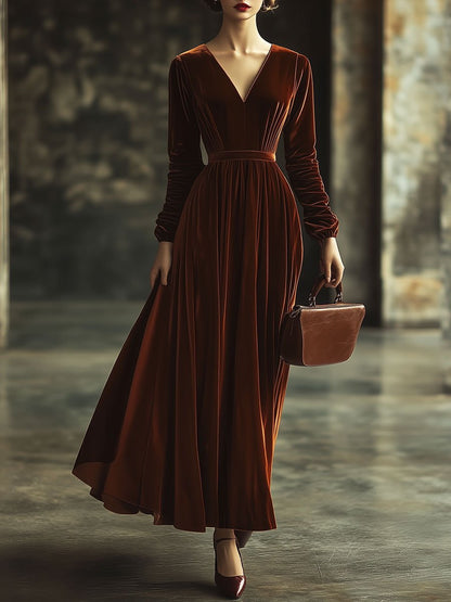 V-Neck Solid Color Simple Party Long Sleeve Maxi Dress