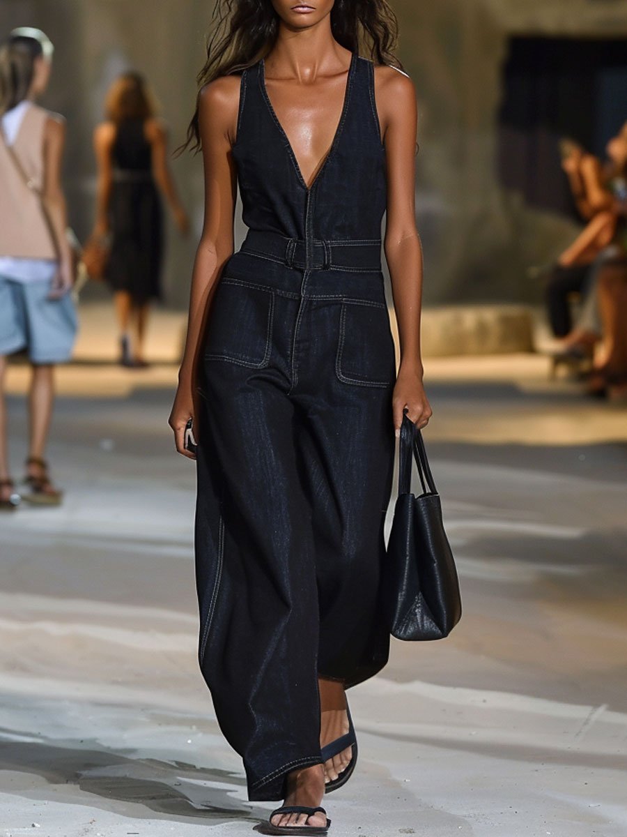 【24 hour shipping out】V Neck Retro Casual Loose Sleeveless Wide Leg Denim Jumpsuit