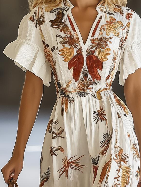 Vibrant Tropical Print Short Sleeve Maxi Dress