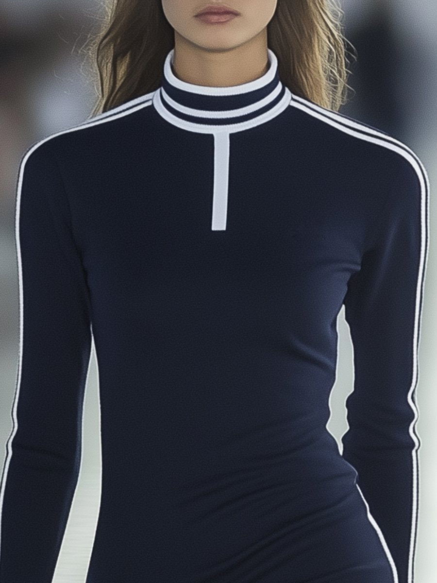 Fashionable and Elegant White Striped Half-high Collar Dark Blue Long-sleeved Slim Mini Dress