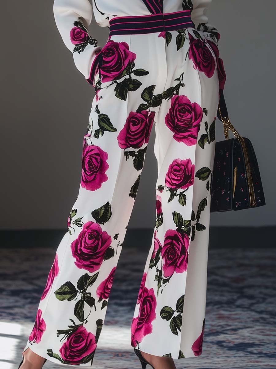 Fashionable and Personalized V-neck Contrast Edge Rose Print Jumpsuit