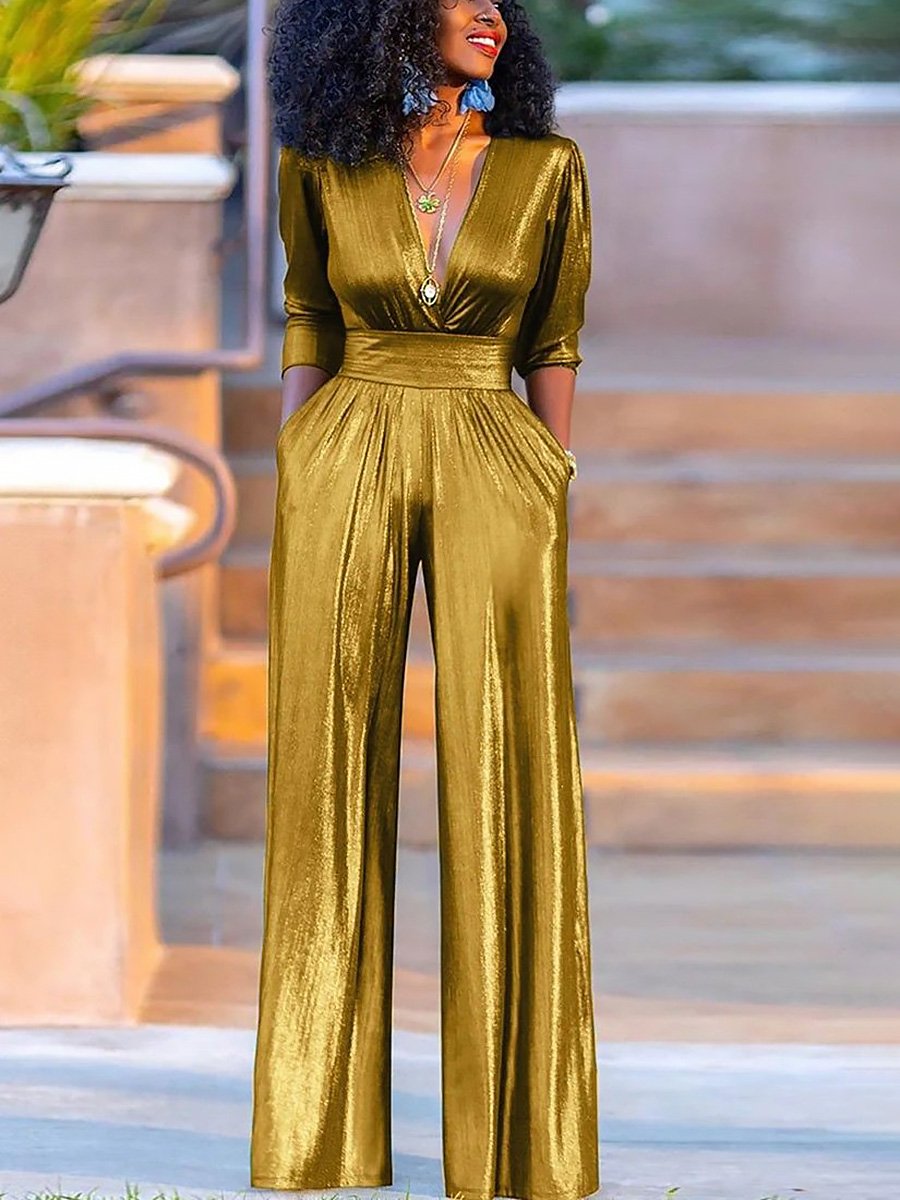 High-End Fashion Temperament V-Neck Gold Wide-Leg Jumpsuit