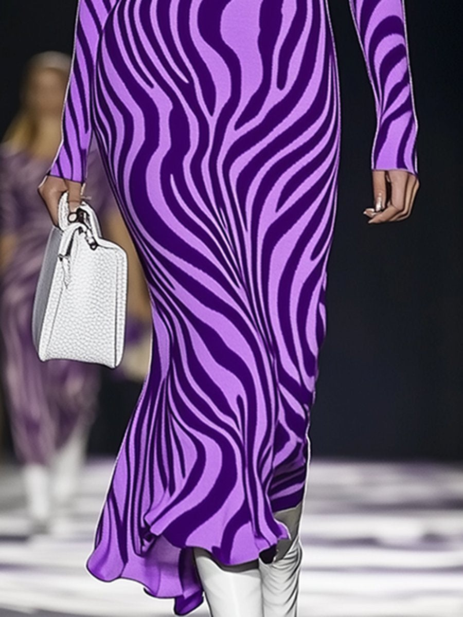 High-End Fashionable Purple Zebra Pattern Knitted Midi Dress