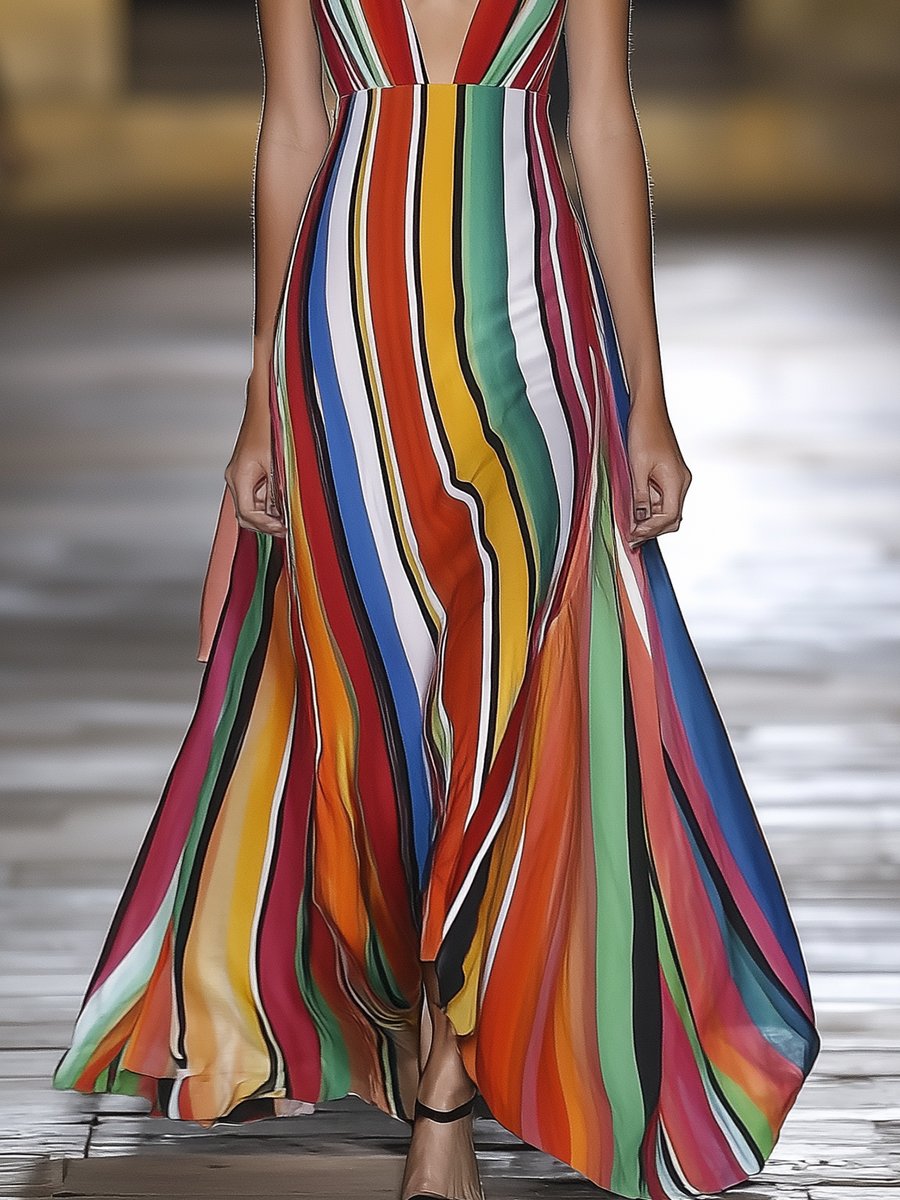 Fashionable Colorful Striped V-neck Sleeveless Maxi Dress