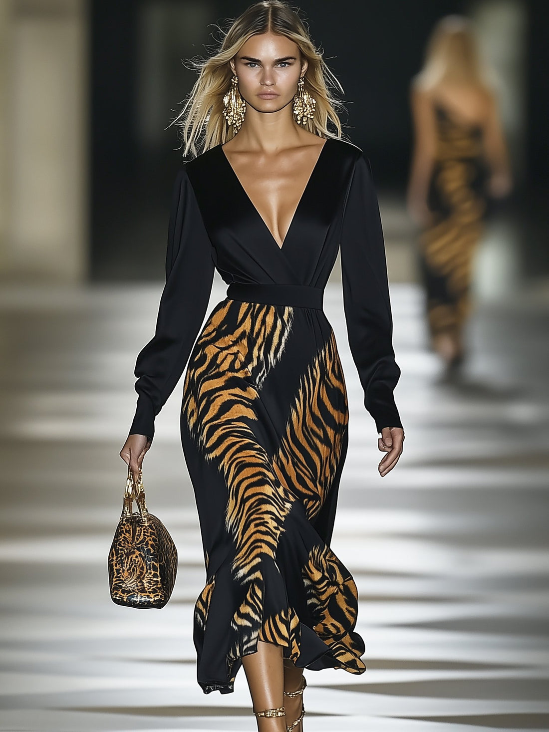 Luxurious Satin Tiger Print V-Neck Black Long Sleeve Maxi Dress