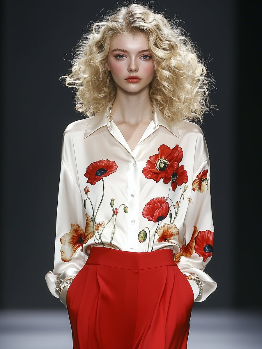 Retro Trendy Textured Poppy Print Satin Shirt