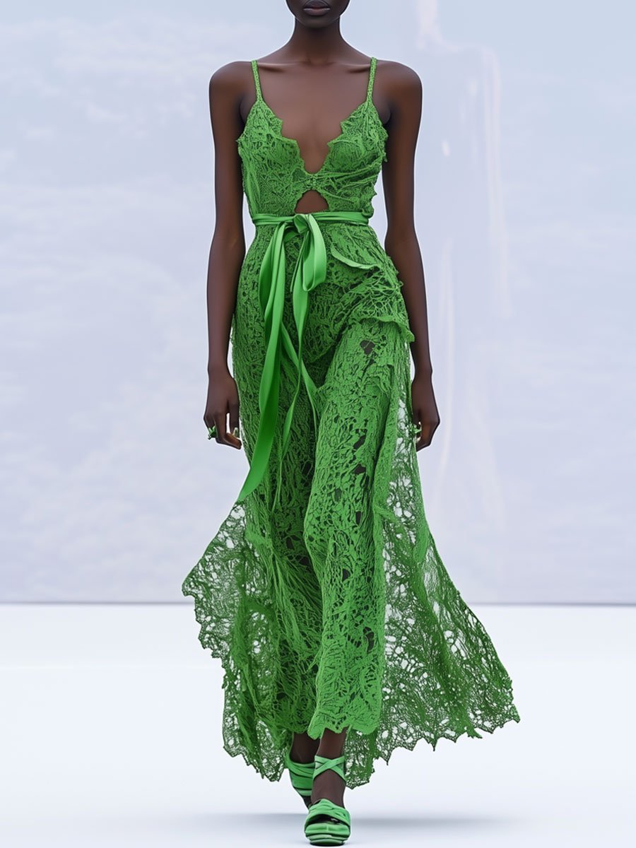 Fashion Party Holiday Green Lace Sleeveless V-Neck Maxi Dress