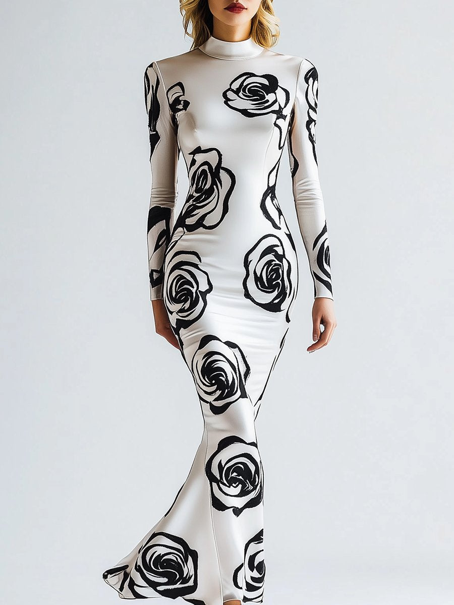 Fashion Rose Printed Half-high Collar White Satin Maxi Dress